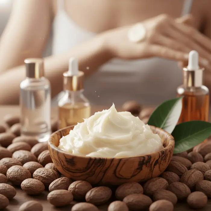 Une femme appliquant du beurre de karité bio sur sa peau pour en révéler les bienfaits.
