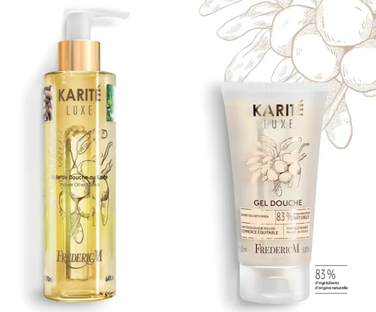 Huile de douche Karité et Gel douche crème Frédéric M pour peau sèche